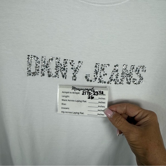DKNY White Short Sleeve Shirt W/DKNY Logo In Silver Rhinestones, Size Large, NWT - Picture 16 of 16
